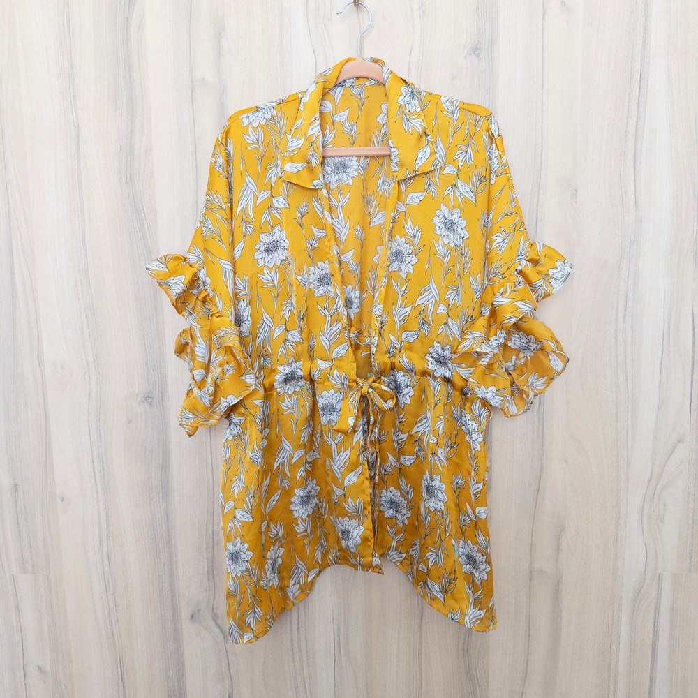Womens‎ Floral Kimono Coverup One Size Yellow Ruffle Tie Waist Boho Romantic
